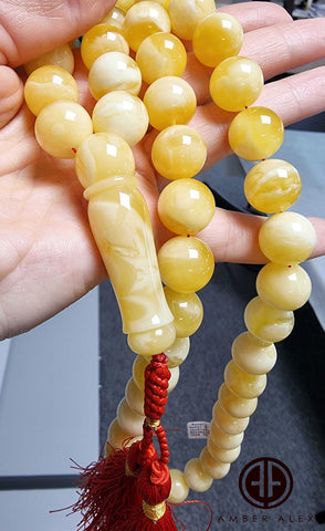 White With Yellow Amber Round Shape 14.5 mm Islamic Rosary Beads