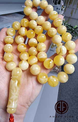 White With Yellow Amber Round Shape 14.5 mm Islamic Rosary Beads