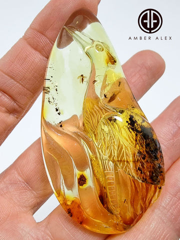 Natural Amber Carved Crane Cabochon With Insects