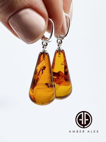 Cognac Amber Drop Dangle Earrings Sterling Silver