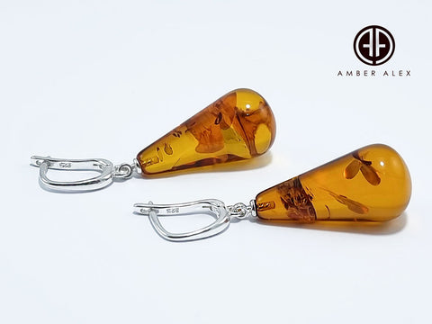 Cognac Amber Drop Dangle Earrings Sterling Silver