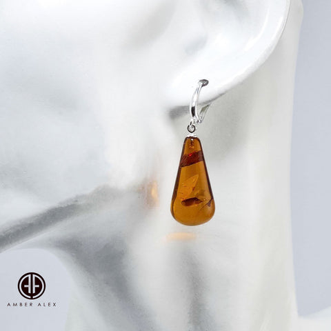 Cognac Amber Drop Dangle Earrings Sterling Silver