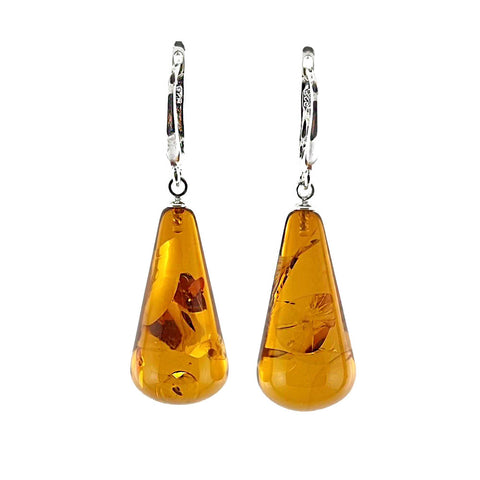 Cognac Amber Drop Dangle Earrings Sterling Silver