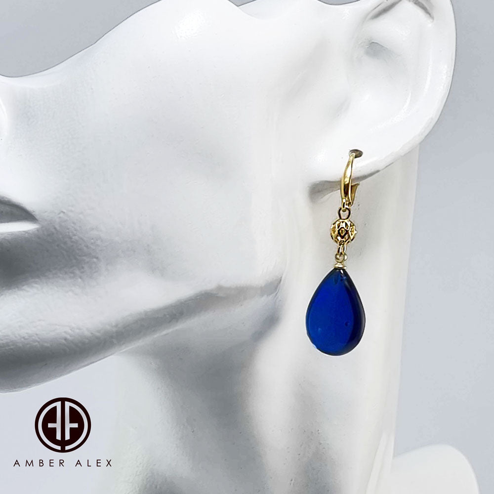 Blue Amber Drop Dangle Earrings 14K Gold Plated