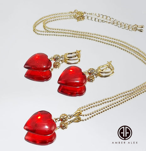 Red Amber Heart Pendant & Chain Necklace 14K Gold Plated