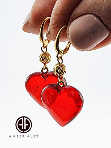 Red Amber Heart Dangle Earrings 14K Gold Plated