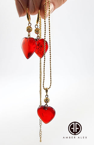 Red Amber Heart Pendant & Chain Necklace 14K Gold Plated