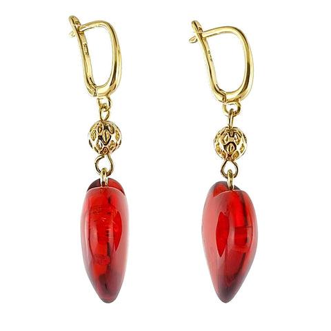 Red Amber Heart Dangle Earrings 14K Gold Plated