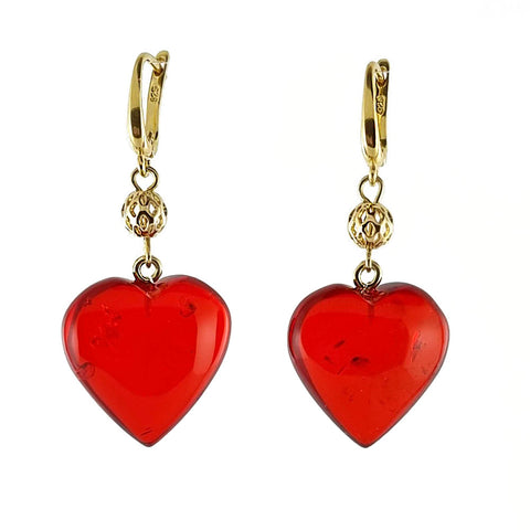 Red Amber Heart Dangle Earrings 14K Gold Plated