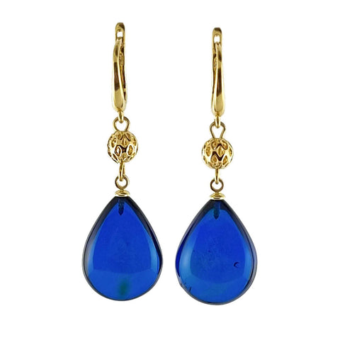 Blue Amber Drop Dangle Earrings 14K Gold Plated