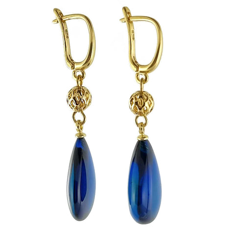 Blue Amber Drop Dangle Earrings 14K Gold Plated