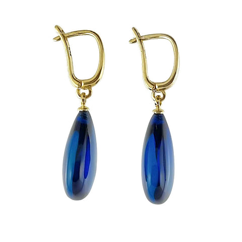 Blue Amber Drop Dangle Earrings 14K Gold Plated