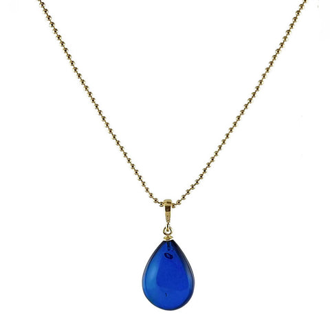 Blue Amber Drop Pendant & Chain Necklace 14K Gold Plated