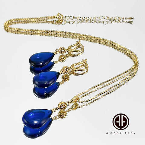 Blue Amber Drop Pendant & Chain Necklace 14K Gold Plated