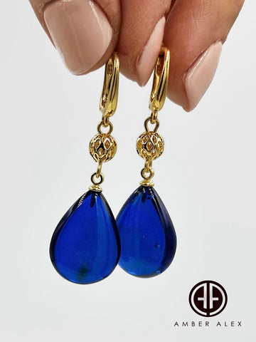 Blue Amber Drop Dangle Earrings 14K Gold Plated