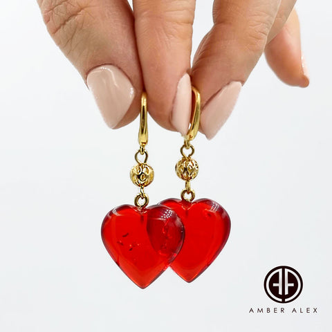 Red Amber Heart Dangle Earrings 14K Gold Plated