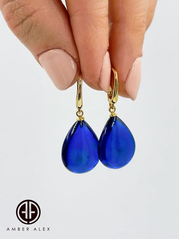 Blue Amber Drop Dangle Earrings 14K Gold Plated