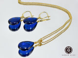 Blue Amber Drop Pendant & Chain Necklace 14K Gold Plated