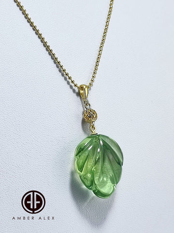 Green Amber Leaf Pendant & Chain Necklace