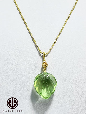 Green Amber Leaf Pendant & Chain Necklace