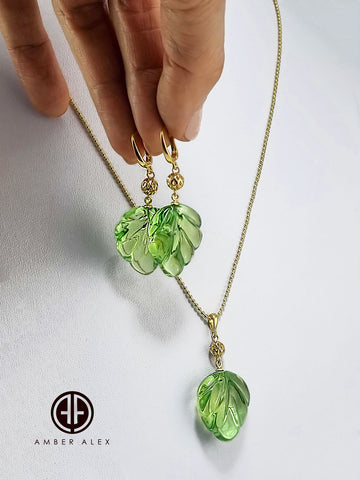 Green Amber Leaf Pendant & Chain Necklace