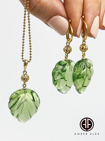 Green Amber Leaf Pendant & Chain Necklace