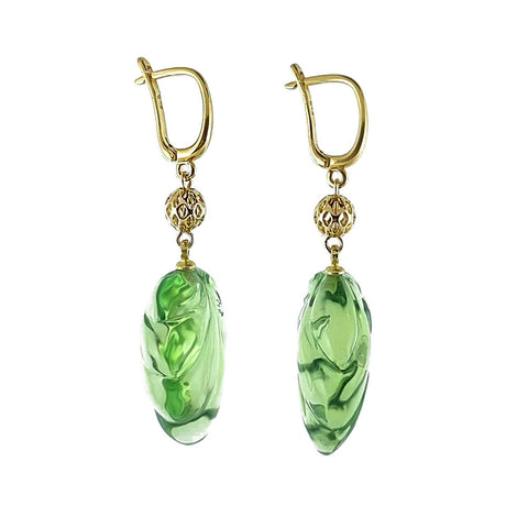 Green Amber Leaf Dangle Earrings