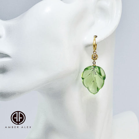 Green Amber Leaf Dangle Earrings