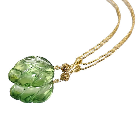 Green Amber Leaf Pendant & Chain Necklace