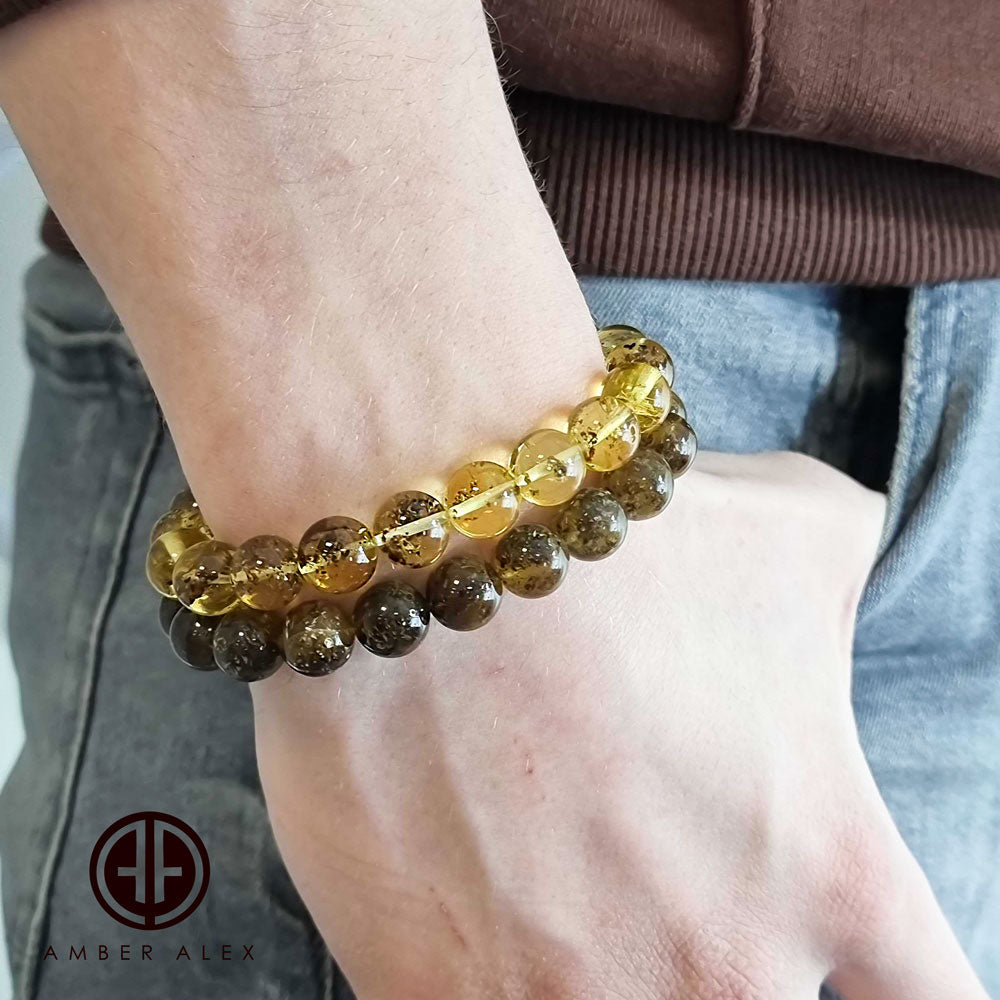 Dark Fossil Amber Round Beads Stretch Bracelet