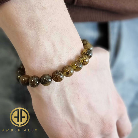 Dark Fossil Amber Round Beads Stretch Bracelet