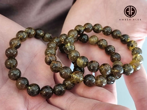 Dark Fossil Amber Round Beads Stretch Bracelet