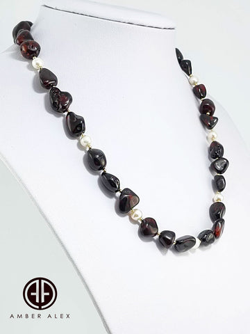 Cherry Amber Nuggets Necklace 14k Gold Plated