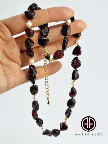 Cherry Amber Nuggets Necklace 14k Gold Plated