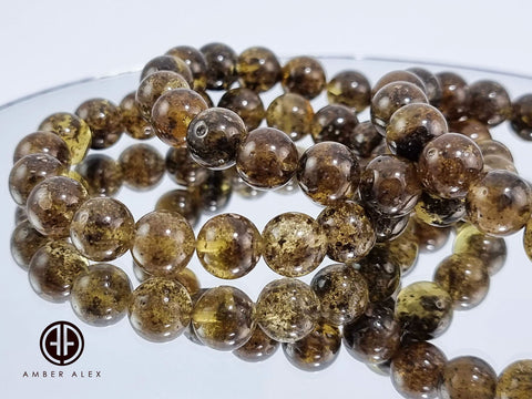 Dark Fossil Amber Round Beads Stretch Bracelet