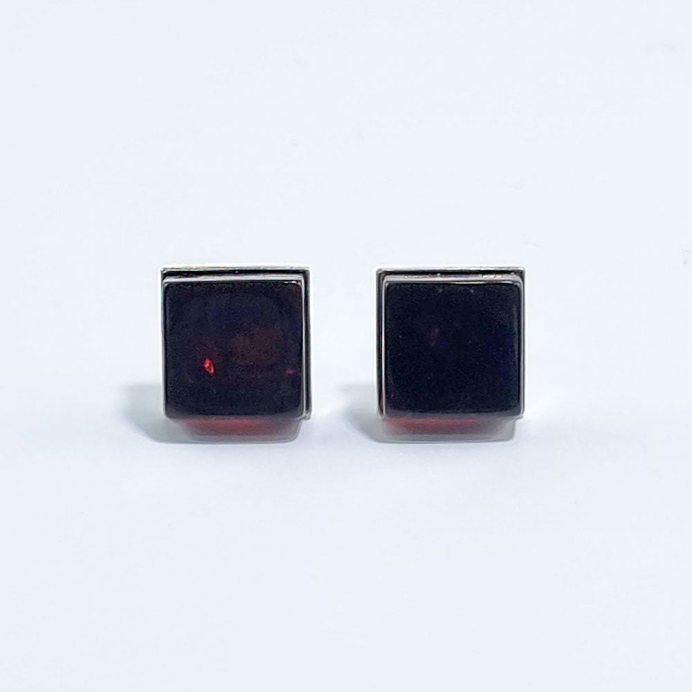 Cherry Amber Square Stud Earrings Sterling Silver