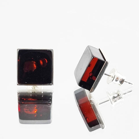 Cherry Amber Square Stud Earrings Sterling Silver