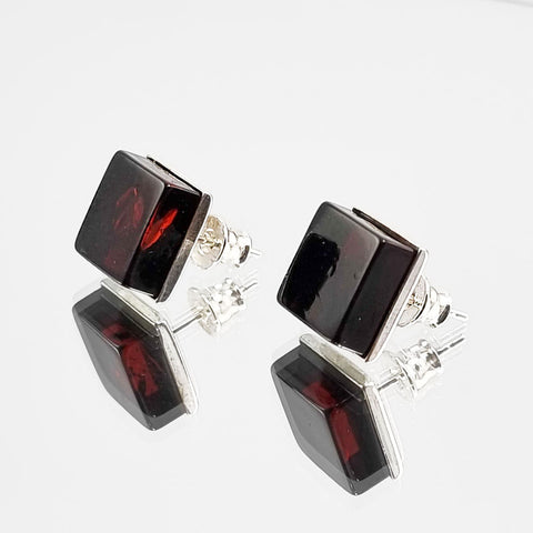 Cherry Amber Square Stud Earrings Sterling Silver