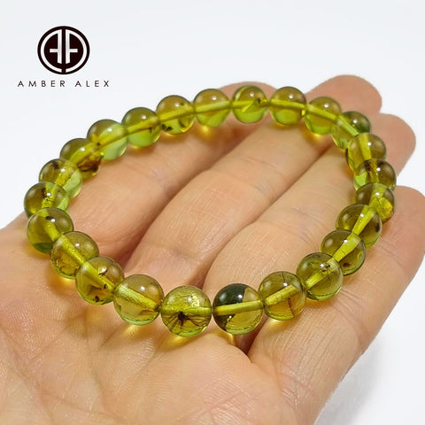 Green Amber Round Beads Bracelet With Insects