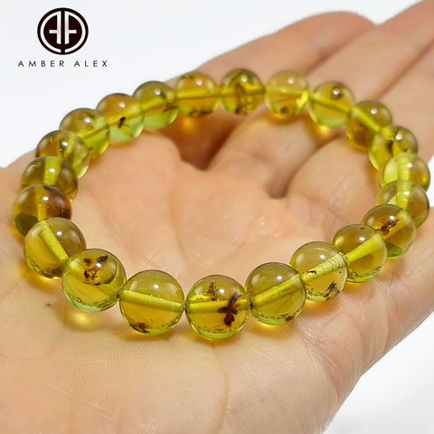 Green Amber Round Beads Bracelet With Insects