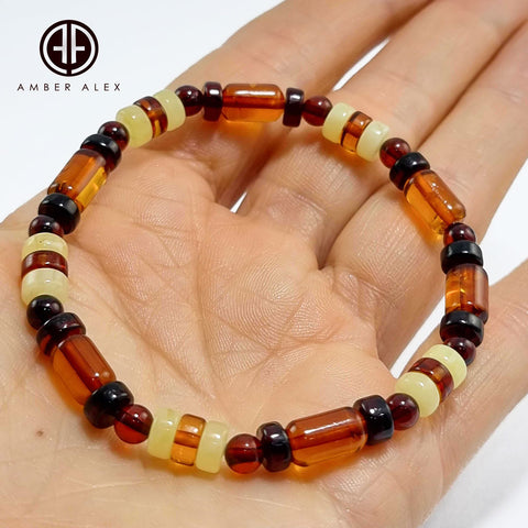 Multi-Color Amber Round, Barrel & Tablet Beads Stretch Bracelet