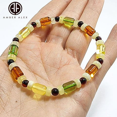 Multi-Color Amber Round, Barrel & Tablet Beads Stretch Bracelet