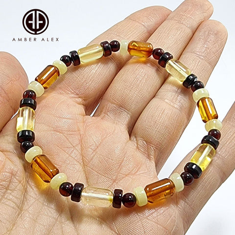 Multi-Color Amber Round, Barrel & Tablet Beads Stretch Bracelet