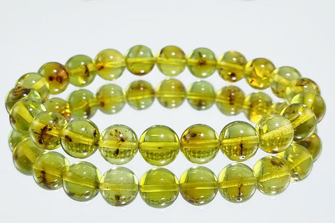 Green Amber Round Beads Bracelet With Insects