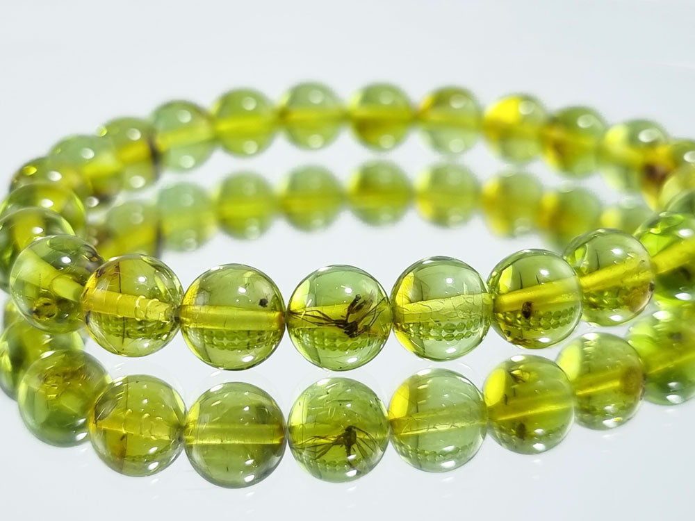 Green Amber Round Beads Bracelet With Insects