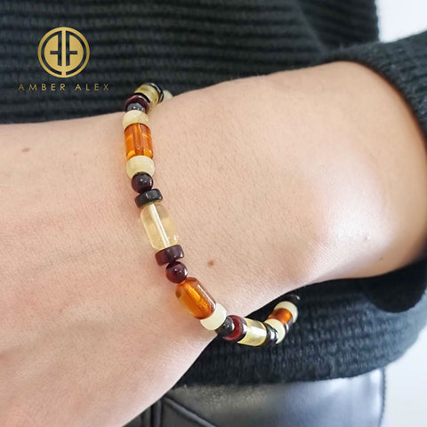 Multi-Color Amber Round, Barrel & Tablet Beads Stretch Bracelet