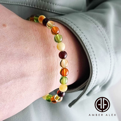 Multi-Color Amber Round Beads Stretch Bracelet