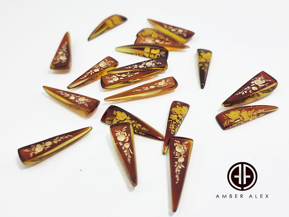 Cognac Amber Engraved Roses Triangle Shape Cabochon