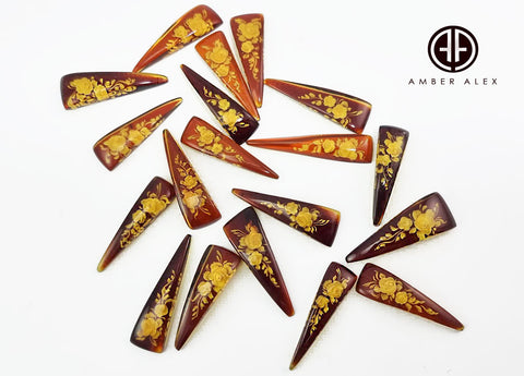 Cognac Amber Engraved Roses Triangle Shape Cabochon