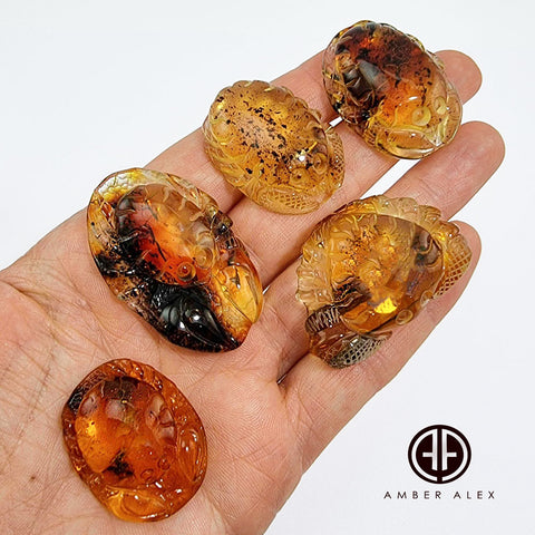 Fossil Amber Carved Crabs Cabochon